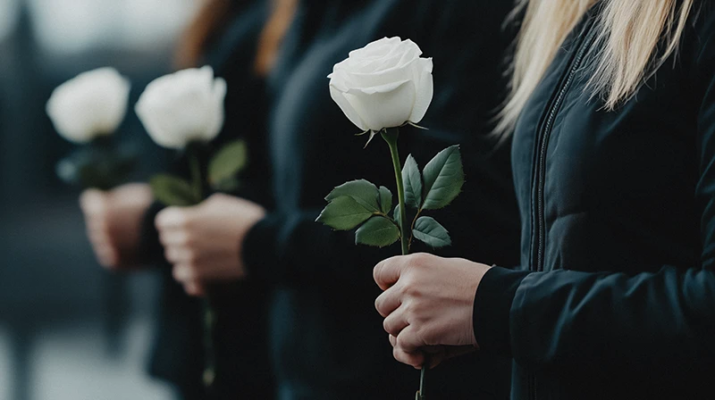 Trauerfotografie Rastatt Baden-Baden. Trauergäste mit weißen Rosen am Sarg bei einer Trauerfeier.