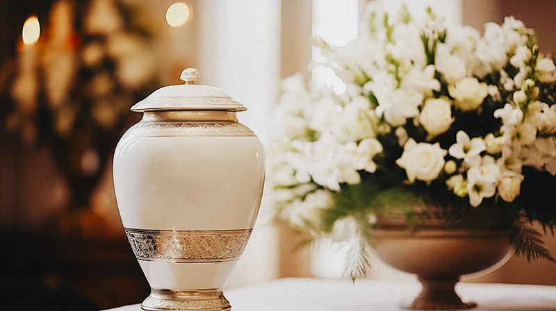 Trauerfotografie Rastatt Baden-Baden. Urne mit Blumenschmuck bei einer Trauerfeier.